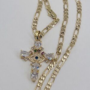 Cruz Ojo Protector colla Cristal Oro Laminado Italiano 18k/gold Plated Eye Cross